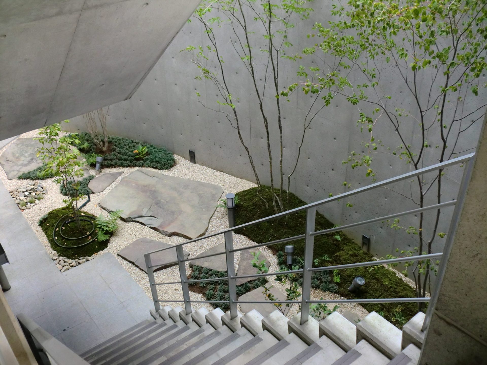 山梨県甲府市のデザイナーズマンション「ポシュフラット」の中庭施工例。モダンな建築に調和する雑木の植栽と洗練された中庭デザイン。