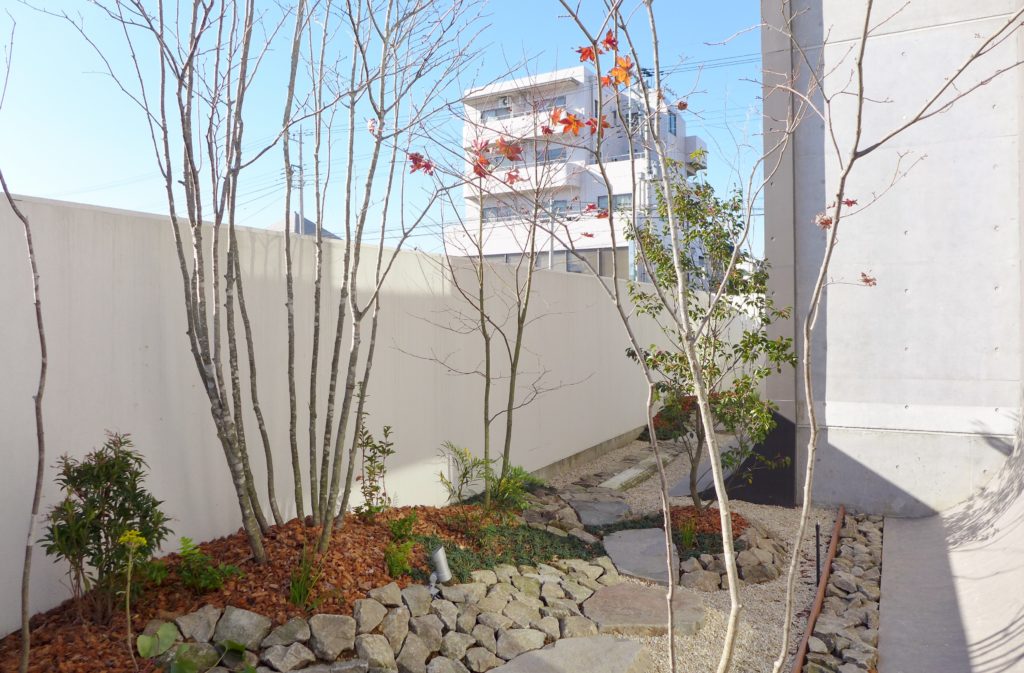 山梨県甲府市のデザイナーズマンション「ミルリス」の中庭施工例。コンクリートの建築に映える雑木の植栽と、ナチュラルで洗練されたパティオデザイン。