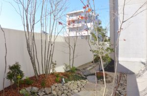 山梨県甲府市のデザイナーズマンション「ミルリス」の中庭施工例。コンクリートの建築に映える雑木の植栽と、ナチュラルで洗練されたパティオデザイン。